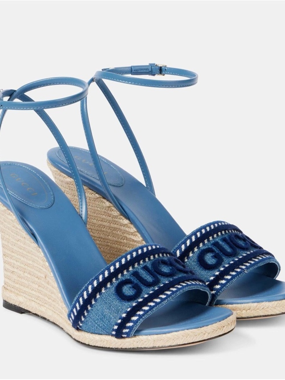 Gucci Blue denim Embroidered Logo Espadrille Wedge Sandals with Ankle Straps